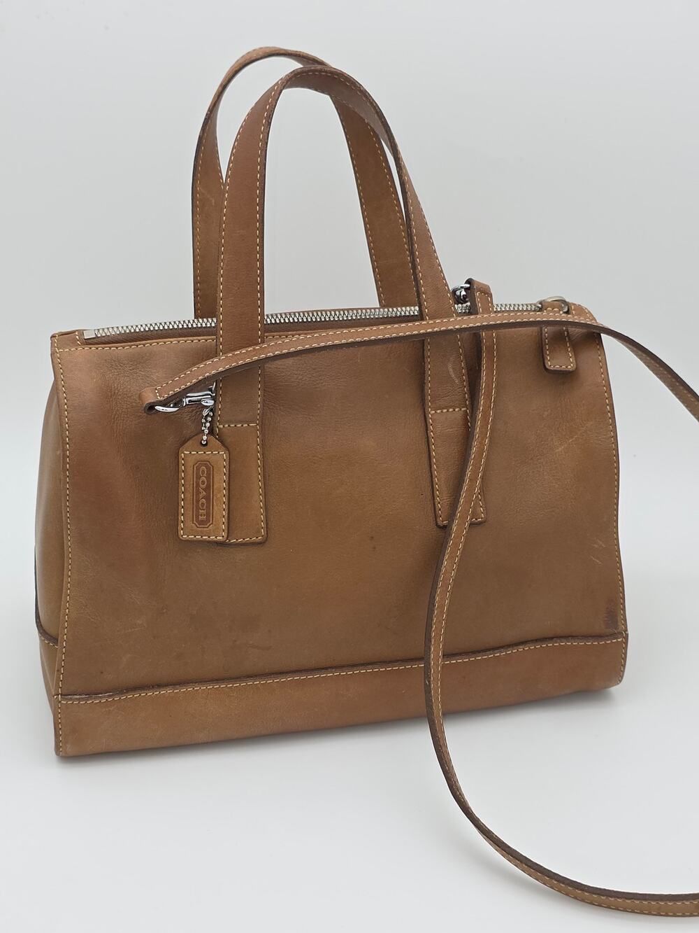 Vintage Coach Leatherware Tan Leather Satchel Tote Silver Hardware Crossbody